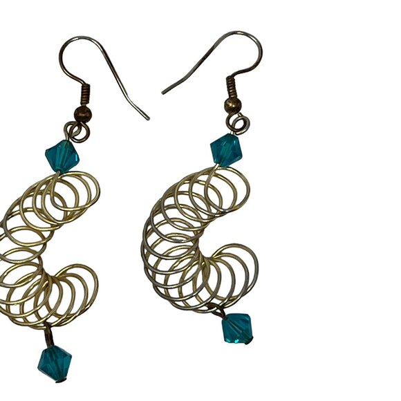 Handcrafted‎ Earrings Blue Beaded Crystal Pierced Spiral Loops Dangle Wire - Picture 6 of 8